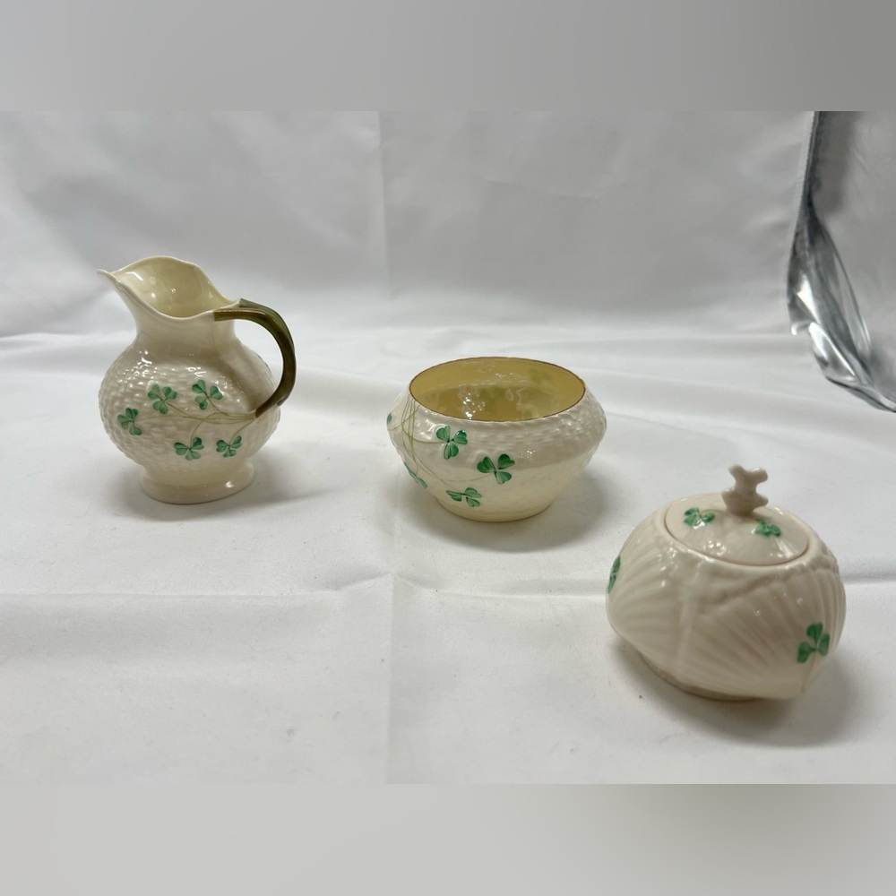Belleek HARP SHAMROCK Clover Mustard Jar with Lid No Spoon, pitcher, & cup